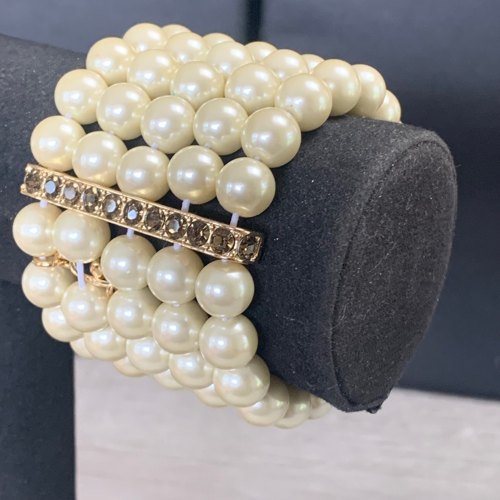 Cabi Faux Pearl 5-Row Stretch Cuff Bracelet Gold Tone Smoky Rhinestone Accents